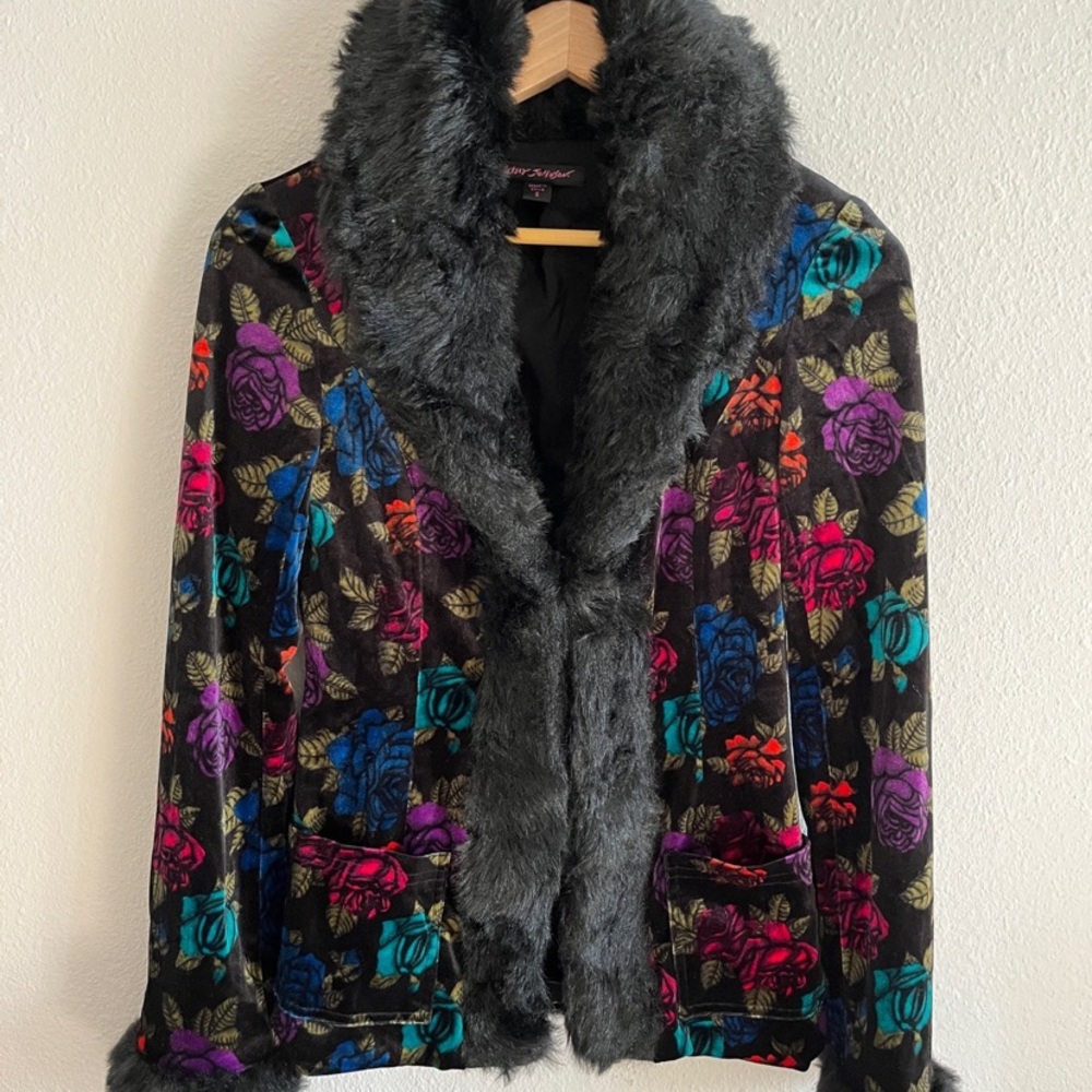 Vtg Betsey johnson velvet floral coat fur blazer jacket 90s Y2K urban rose